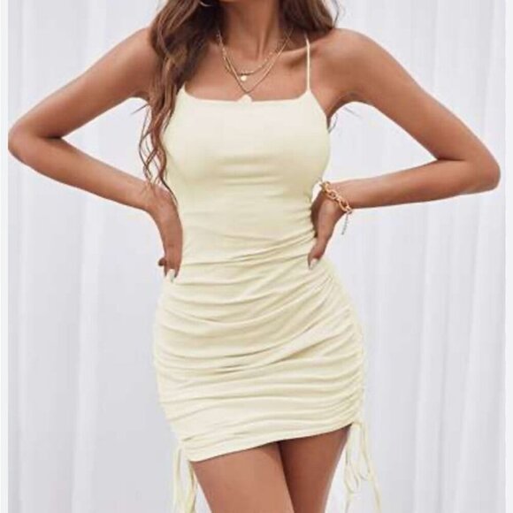 NWOT SHEIN Pale Yellow Cream Asymmetrical Ruched Bodycon Mini Dress Size Small - Picture 1 of 7